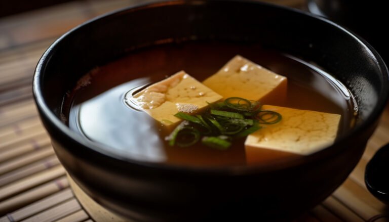 Sopa de miso tradicional japonesa con trozos de tofu y cebolleta en un cuenco oscuro