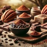 Cacao en diferentes formatos como granos, polvo, barras de chocolate y manteca, dispuesto sobre una mesa de madera