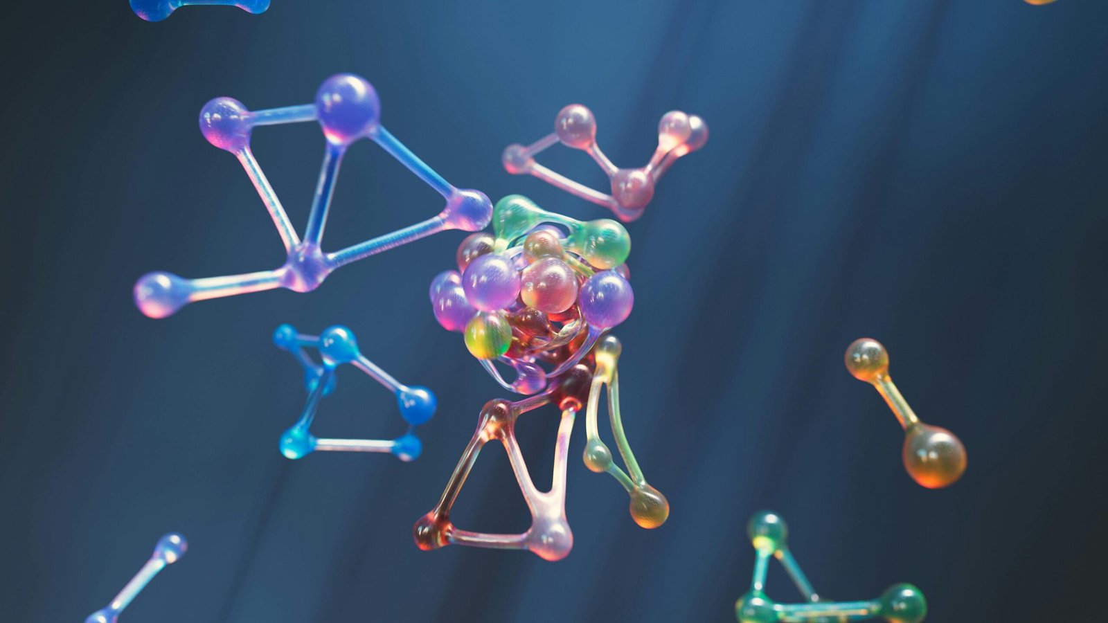 Representación abstracta de estructuras moleculares en colores vibrantes sobre un fondo azul oscuro