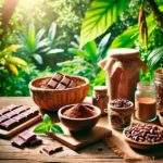 Variedad de productos de cacao puro, como semillas, polvo y chocolate, dispuestos en un entorno natural