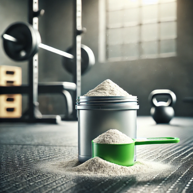 Bote de creatina en un gimnasio con una cuchara dosificadora y equipamiento de entrenamiento de fondo