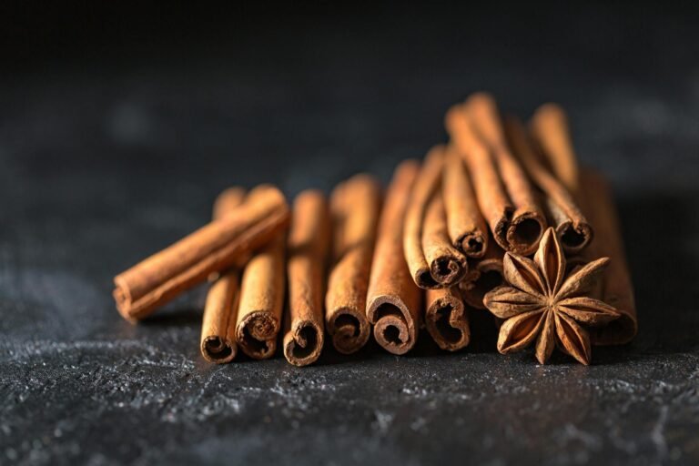 Ramas de canela y anís estrellado sobre una superficie oscura.