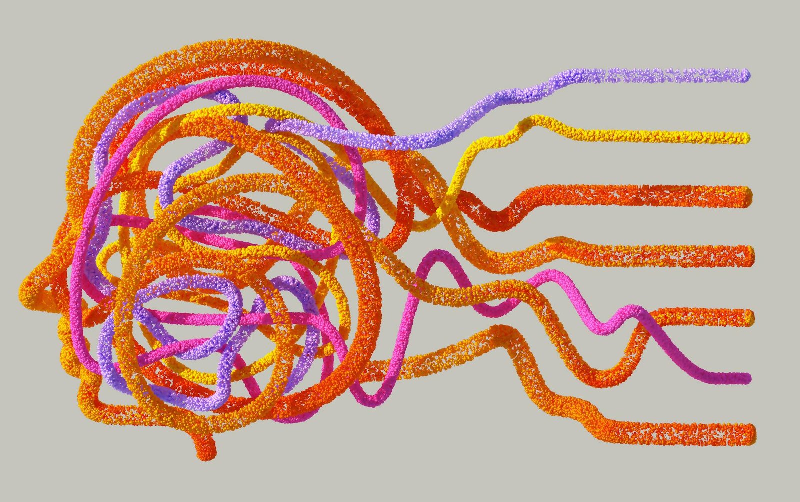 Representación abstracta de un cerebro humano con líneas de colores brillantes y texturas vibrantes.