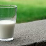 Vaso de leche sobre una superficie al aire libre, representando un alimento básico rico en calcio y nutrientes.