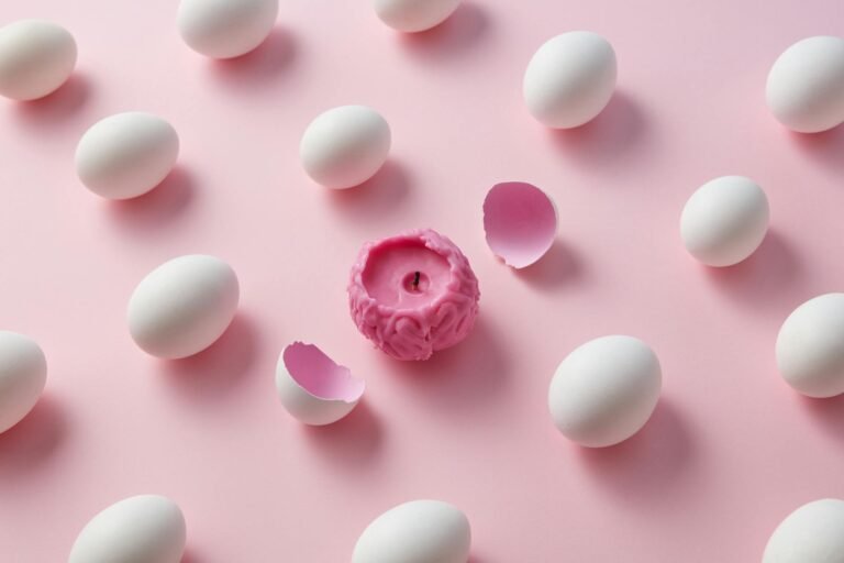 Huevos blancos y una vela rosada en forma de cerebro sobre un fondo rosa.