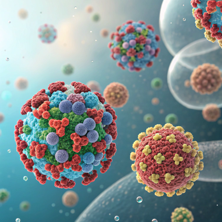 Representación 3D de moléculas microscópicas flotando junto a células en un entorno biológico.