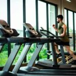 Un joven se ejercita en una cinta de correr en un gimnasio moderno con grandes ventanales y luz natural.